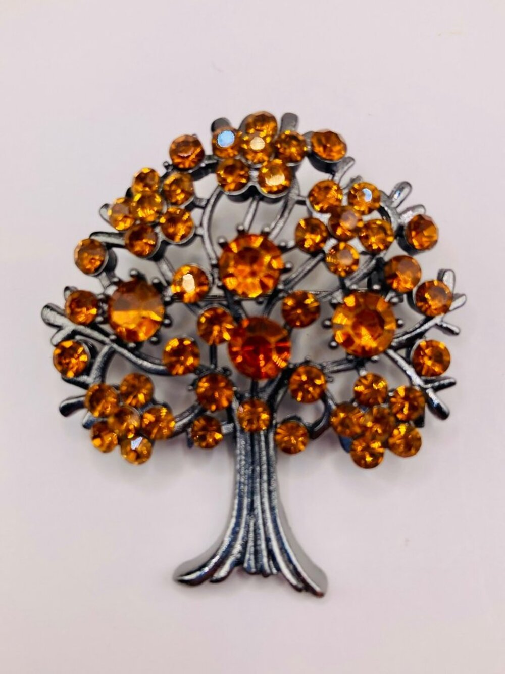 Tree-Shaped Brooch  Orange Rhinestones -98B